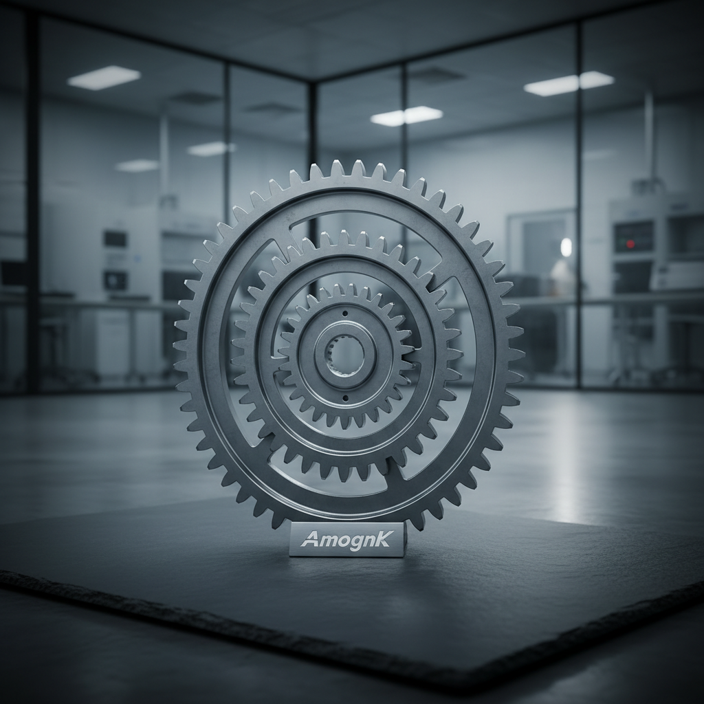 A set of interlocking industrial gears made of brushed chrome and steel, finely detailed with clean-cut teeth and subtle machining marks, arranged in a harmonious, nested formation atop a matte-finished slate surface. The environment features an uncluttered, high-tech lab with balanced lighting and glass partitions in the background. Directional side lighting casts gentle, purposeful shadows and highlights the metallic textures, enhancing depth and dimensionality. The overall mood is precise and innovative, captured with a centered composition and slight vignette to focus attention. The photographic style emphasizes the beauty of simplicity and the power of streamlined engineering solutions, embodying AmognK’s consultancy philosophy.