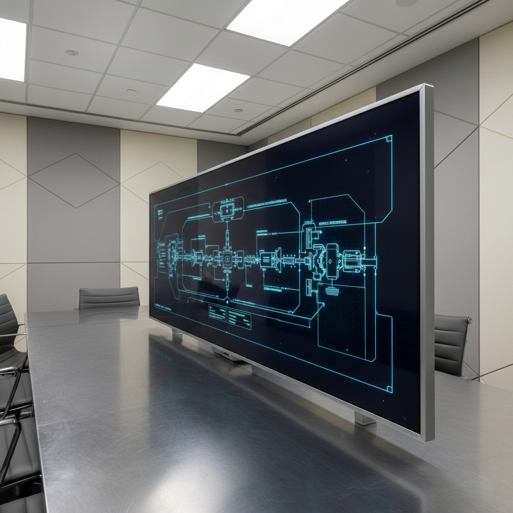 A precisely engineered schematic diagram displayed on a glossy, ultra-wide touchscreen monitor mounted on a brushed aluminum conference table. The setting is a contemporary meeting room with balanced neutral grey and ivory tones, geometric wall patterns, and minimal decorative distractions. Cool, diffused LED panel lighting softly illuminates the scene, highlighting the crisp lines of the schematic and reflecting subtly off the monitor's edge. The mood is analytical and focused, captured from an over-the-shoulder angle to emphasize clarity and intent. Composition follows the rule of thirds, reinforcing a structured, professional, and modern corporate aesthetic well-suited to a technology consultancy site.